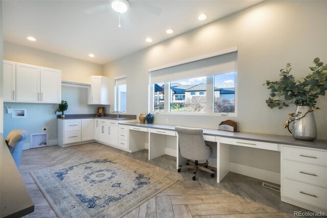 3585 Meadow Run Cir, Colorado Springs, CO 80908 - office featuring built in study area, a ceiling fan, recessed lighting, a sink, and baseboards