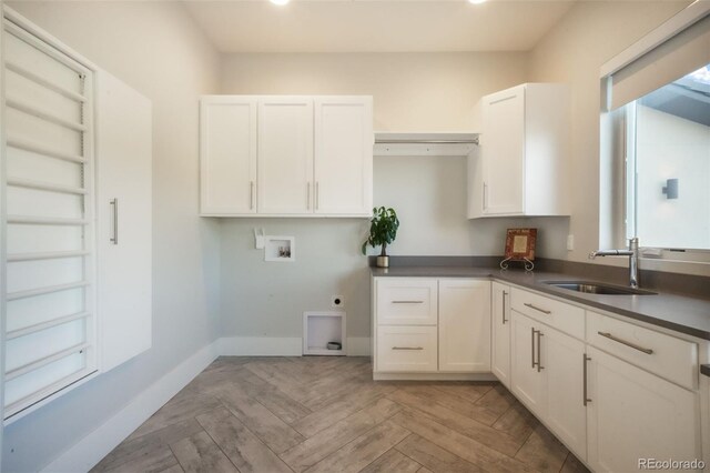3585 Meadow Run Cir, Colorado Springs, CO 80908 - laundry room with electric dryer hookup, hookup for a washing machine, cabinet space, baseboards, and recessed lighting