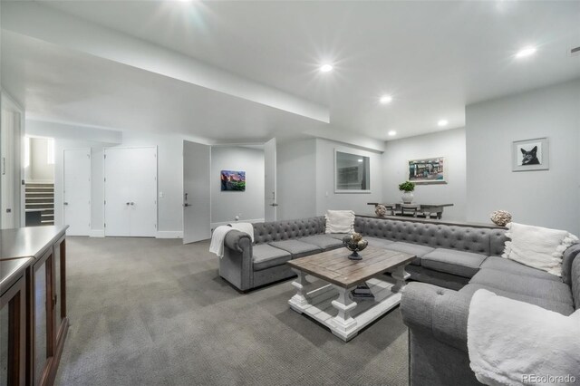 3585 Meadow Run Cir, Colorado Springs, CO 80908 - living room featuring carpet flooring, recessed lighting, and stairway