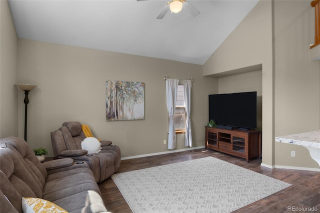 17018 Carr Ave, Parker, CO 80134 - living room with a ceiling fan, dark wood-style flooring, baseboards, and high vaulted ceiling
