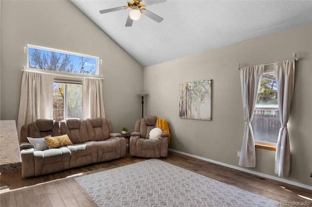 17018 Carr Ave, Parker, CO 80134 - living area with ceiling fan, wood finished floors, high vaulted ceiling, and baseboards