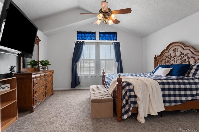 17018 Carr Ave, Parker, CO 80134 - carpeted bedroom with vaulted ceiling, ceiling fan, and a textured ceiling