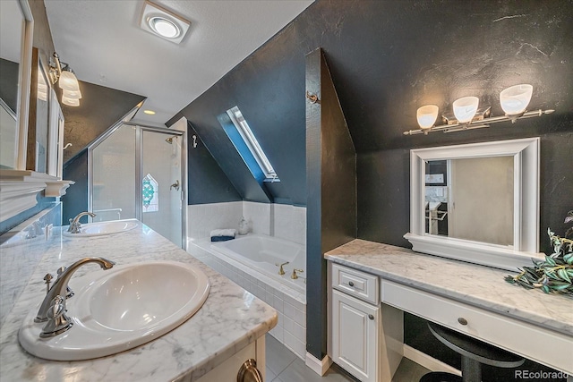 bathroom featuring separate shower and tub, tile patterned floors, and vanity