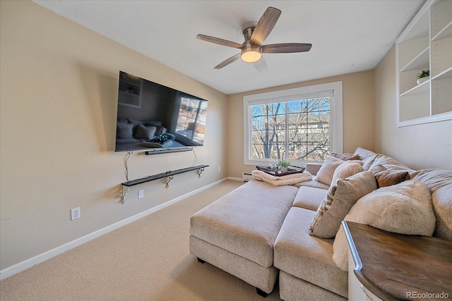 living room featuring ceiling fan, carpet floors, and baseboard heating