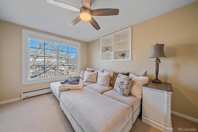 living room with ceiling fan, carpet floors, and a baseboard radiator