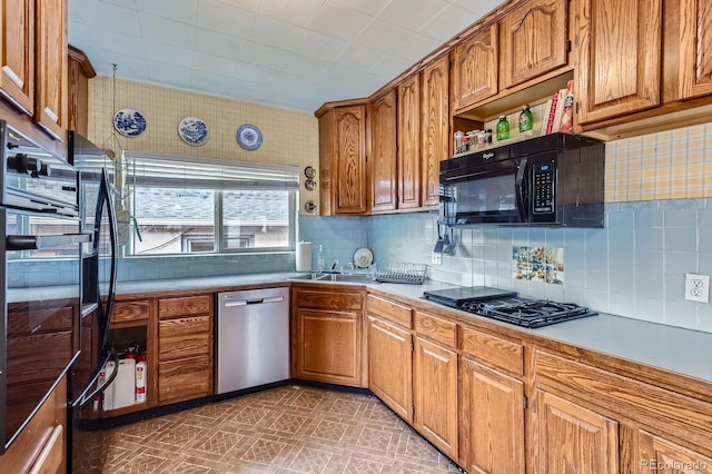 kitchen with black appliances, brown cabinetry, light countertops, and open shelves