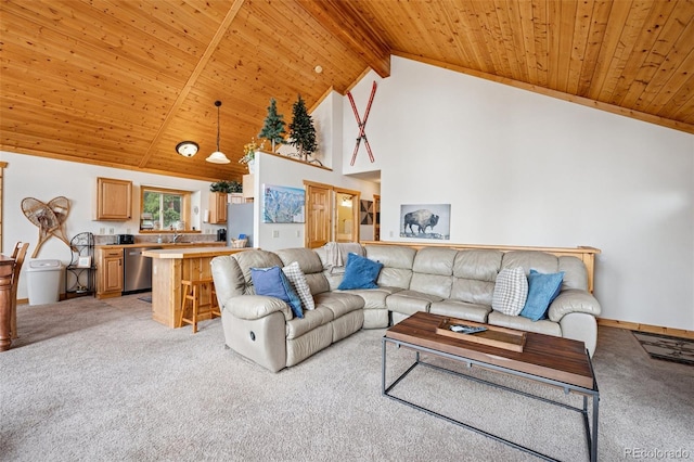 585 Miners Way, Fairplay, CO 80440 - living area featuring wood ceiling, light colored carpet, high vaulted ceiling, and beamed ceiling