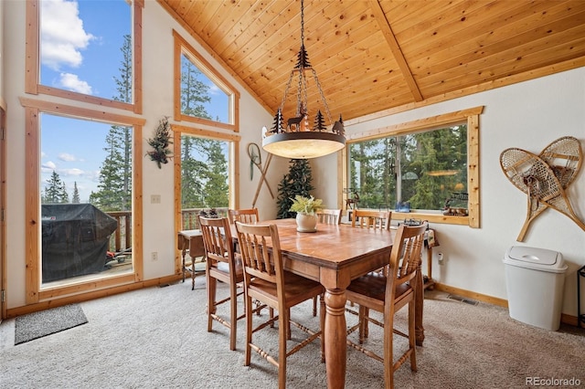 585 Miners Way, Fairplay, CO 80440 - dining room featuring carpet flooring, wooden ceiling, healthy amount of natural light, high vaulted ceiling, and baseboards