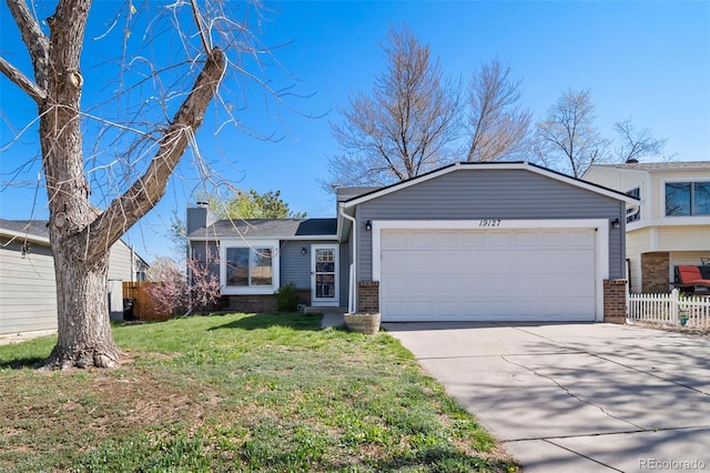 ranch-style house with fence, a front yard, brick siding, an attached garage, and driveway