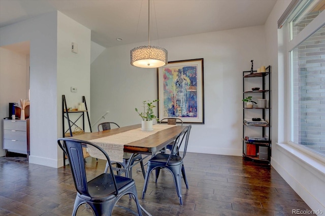 dining room with lofted ceiling and dark wood-type flooring