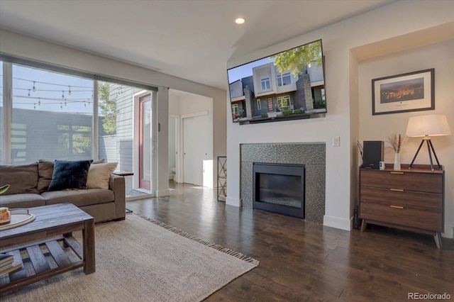 living room with dark hardwood / wood-style flooring