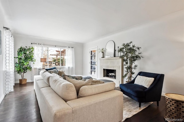 living area with dark wood-style floors, a fireplace, and baseboards