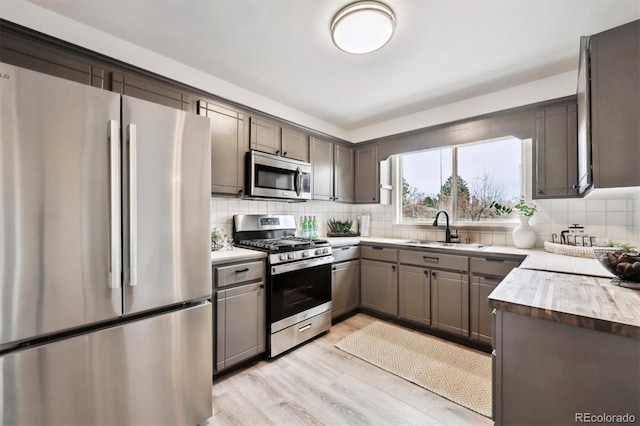 kitchen featuring stainless steel appliances, backsplash, a sink, and light wood-style flooring