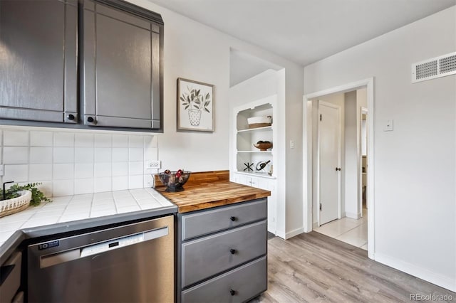 kitchen featuring tile countertops, visible vents, decorative backsplash, gray cabinetry, and stainless steel dishwasher