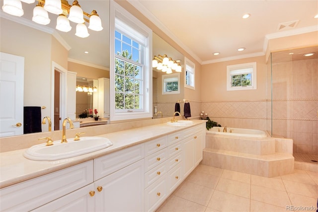 bathroom with tile walls, vanity, tile patterned flooring, and ornamental molding