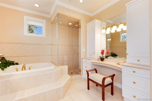 bathroom with independent shower and bath, vanity, tile patterned floors, and crown molding