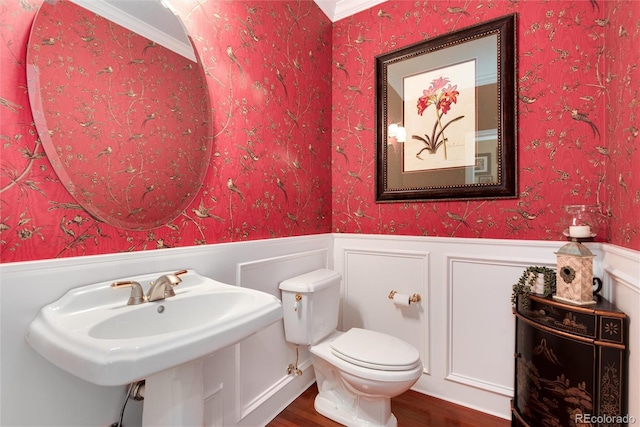 bathroom featuring hardwood / wood-style floors, toilet, sink, and ornamental molding