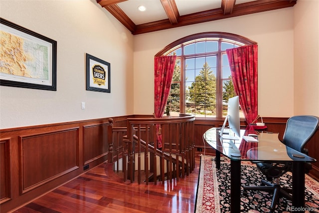 office featuring ornamental molding, beamed ceiling, hardwood / wood-style flooring, and coffered ceiling