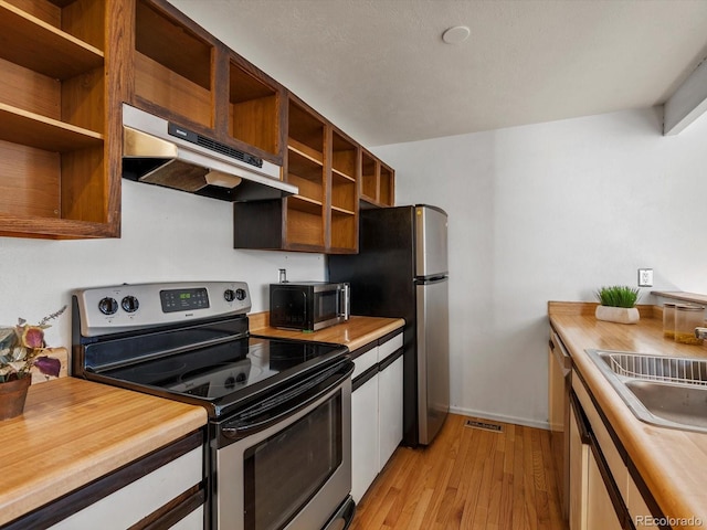kitchen with wooden counters, stainless steel appliances, under cabinet range hood, a sink, and open shelves