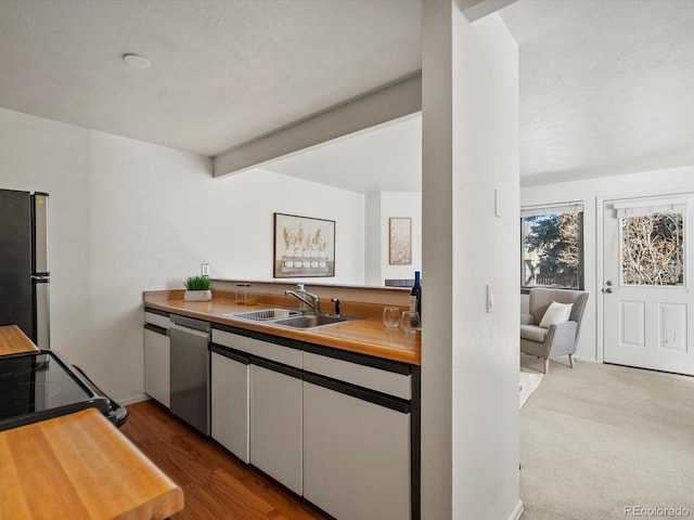 kitchen with wood counters, a sink, freestanding refrigerator, and dishwasher