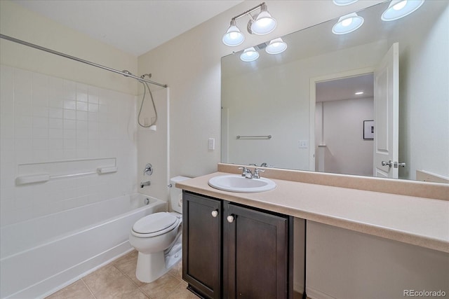 full bath with shower / bathtub combination, vanity, toilet, and tile patterned floors