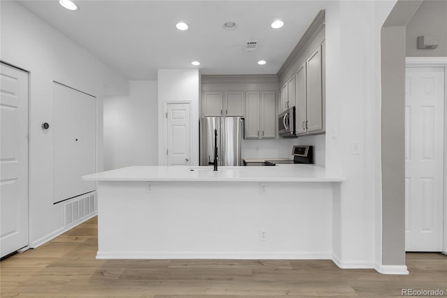 1409 Carlyle Park Cir, Highlands Ranch, CO 80129 - kitchen with appliances with stainless steel finishes, gray cabinetry, light countertops, recessed lighting, and a peninsula