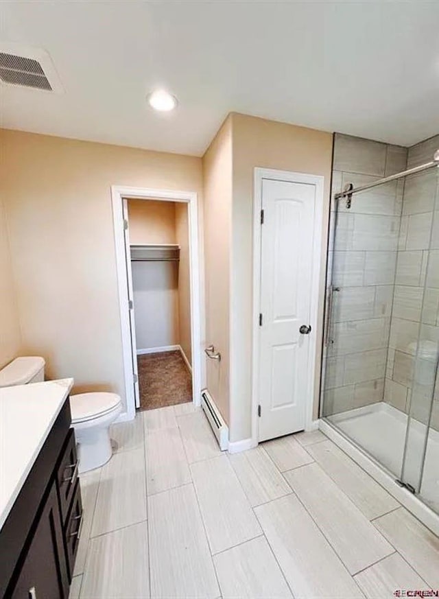 full bath featuring a baseboard radiator, visible vents, a shower stall, and toilet