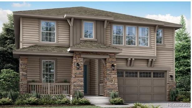 view of front of house featuring an attached garage, concrete driveway, stone siding, and roof with shingles