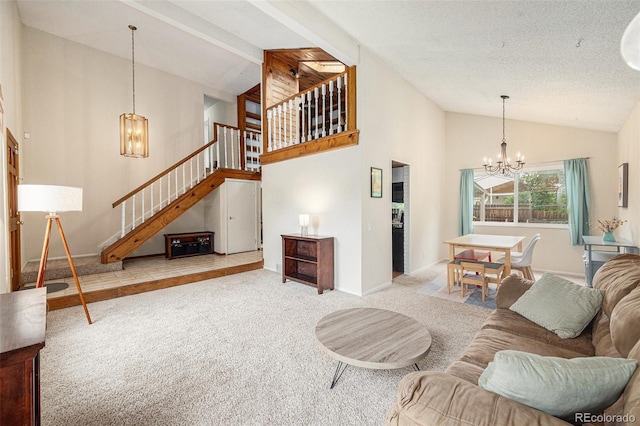 3756 S Mission Pkwy, Aurora, CO 80013 - living area featuring a chandelier, stairway, carpet flooring, high vaulted ceiling, and baseboards