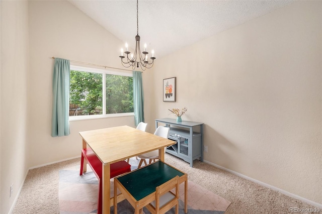 3756 S Mission Pkwy, Aurora, CO 80013 - dining space with carpet flooring, a chandelier, lofted ceiling, baseboards, and a textured ceiling