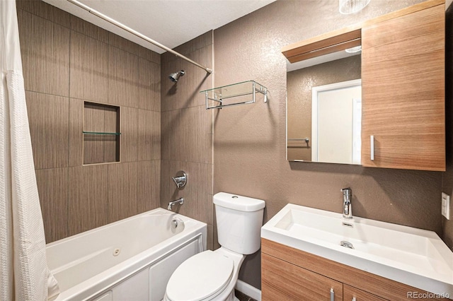 3756 S Mission Pkwy, Aurora, CO 80013 - full bathroom with a textured wall, shower / bath combo with shower curtain, toilet, and vanity