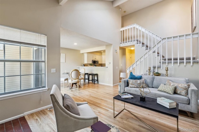 living room with hardwood / wood-style flooring and a high ceiling