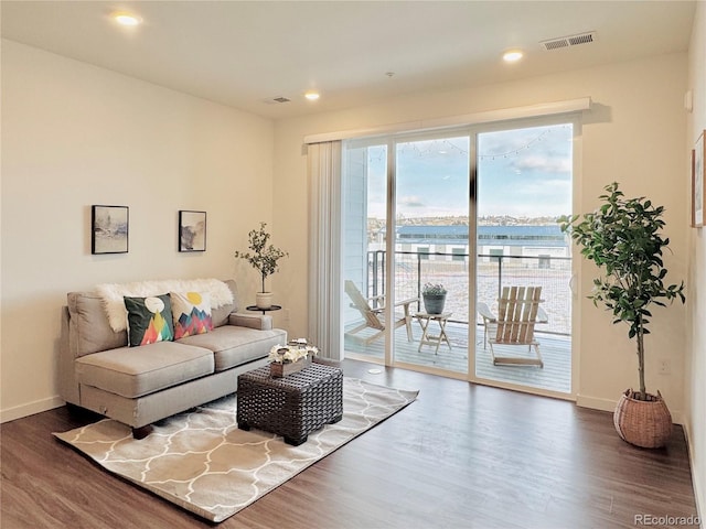 living room featuring dark hardwood / wood-style flooring and a water view