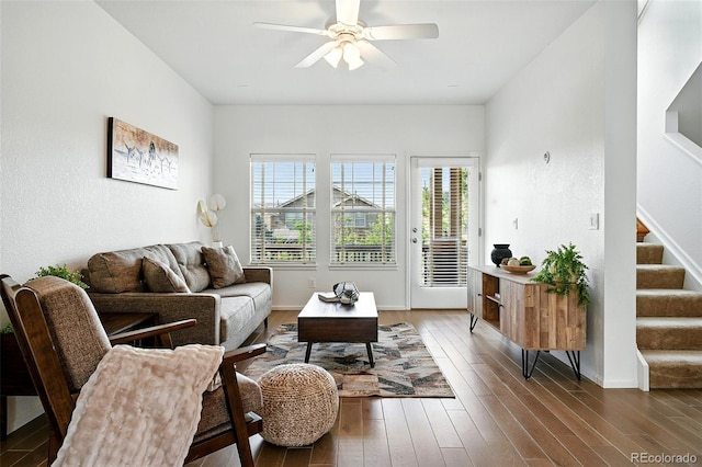 5574 W 72nd Dr, Arvada, CO 80003 - living room featuring stairway, dark wood-type flooring, and ceiling fan