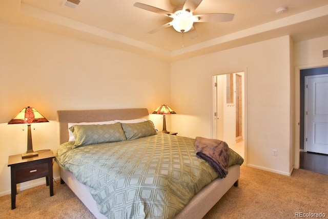 18709 E 47th Dr, Denver, CO 80249 - bedroom with carpet, ceiling fan, a raised ceiling, baseboards, and visible vents