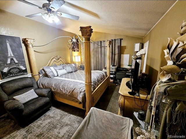 carpeted bedroom with a fireplace, a textured ceiling, a ceiling fan, and lofted ceiling