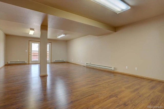 empty room with hardwood / wood-style floors and a baseboard radiator