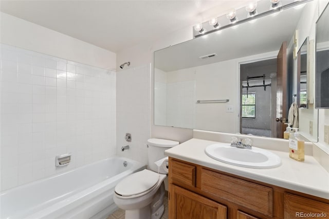 full bathroom featuring toilet, visible vents, washtub / shower combination, and vanity