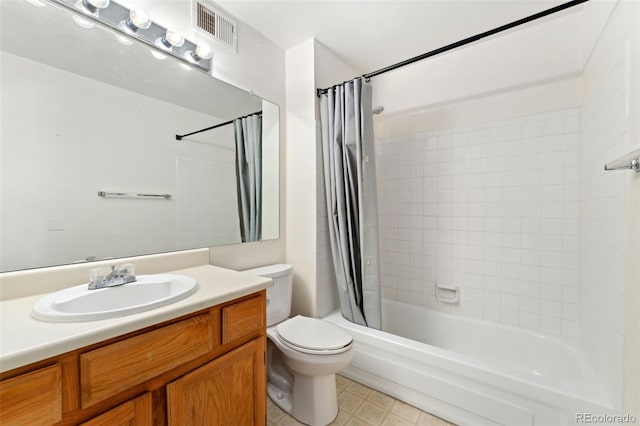 full bath featuring vanity, toilet, visible vents, and shower / tub combo