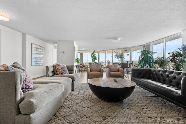 living area featuring expansive windows, a textured ceiling, and wood finished floors