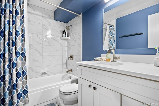 bathroom with toilet, shower / bath combo with shower curtain, and vanity