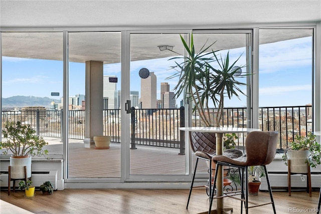 doorway to outside with a view of city, wood finished floors, and floor to ceiling windows