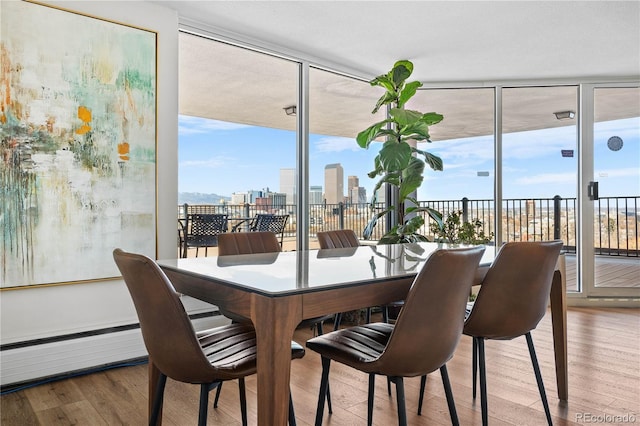 dining area featuring a baseboard radiator, a view of city, a wall of windows, and wood finished floors