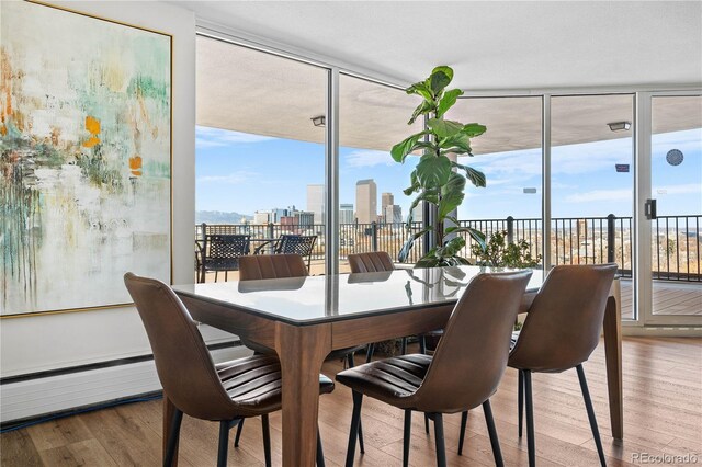 1085 N Lafayette St Unit 704, Denver, CO 80218 - dining space featuring wood finished floors, a view of skyline, and a wall of windows