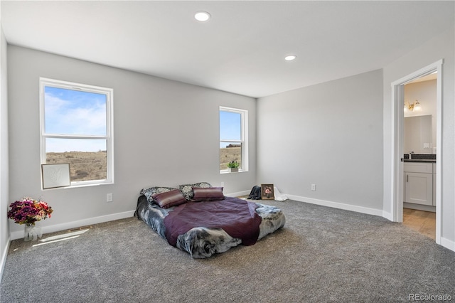 carpeted bedroom with connected bathroom and multiple windows