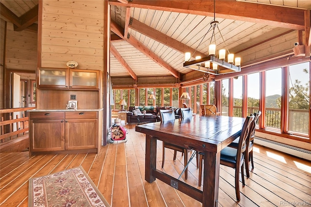 693 Rd C, Pine, CO 80470 - dining space with wooden ceiling, light wood-type flooring, a chandelier, wooden walls, and baseboard heating