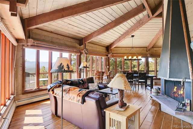693 Rd C, Pine, CO 80470 - living room with hardwood / wood-style flooring, baseboard heating, a large fireplace, a chandelier, and wooden ceiling