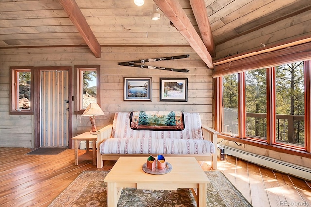 693 Rd C, Pine, CO 80470 - living area featuring wood ceiling, wood-type flooring, wood walls, and baseboard heating
