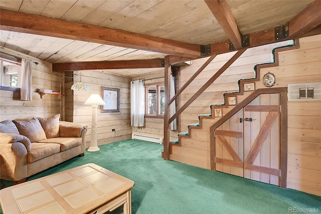 693 Rd C, Pine, CO 80470 - living room with carpet floors, a baseboard radiator, wooden walls, beam ceiling, and wood ceiling