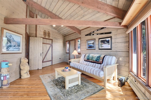 693 Rd C, Pine, CO 80470 - living area with wooden ceiling, wood walls, and light wood-type flooring